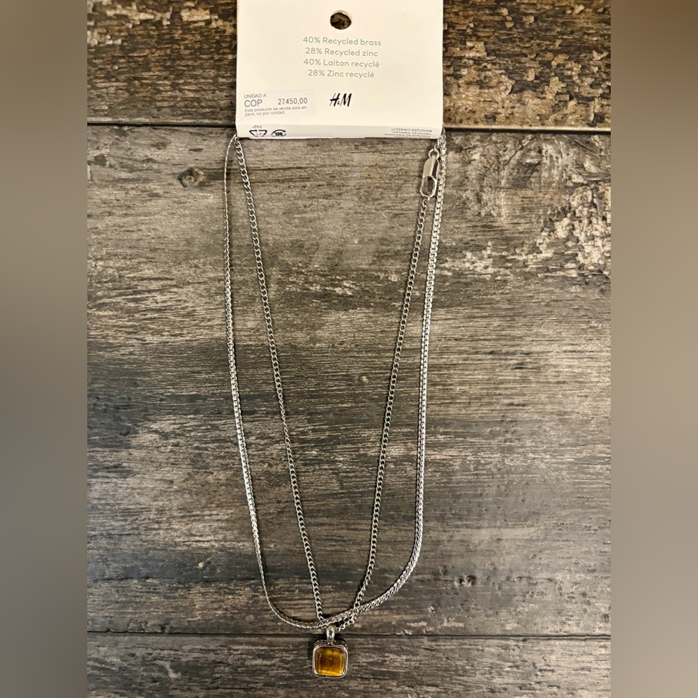 H&M Silver Necklace With Amber Pendant